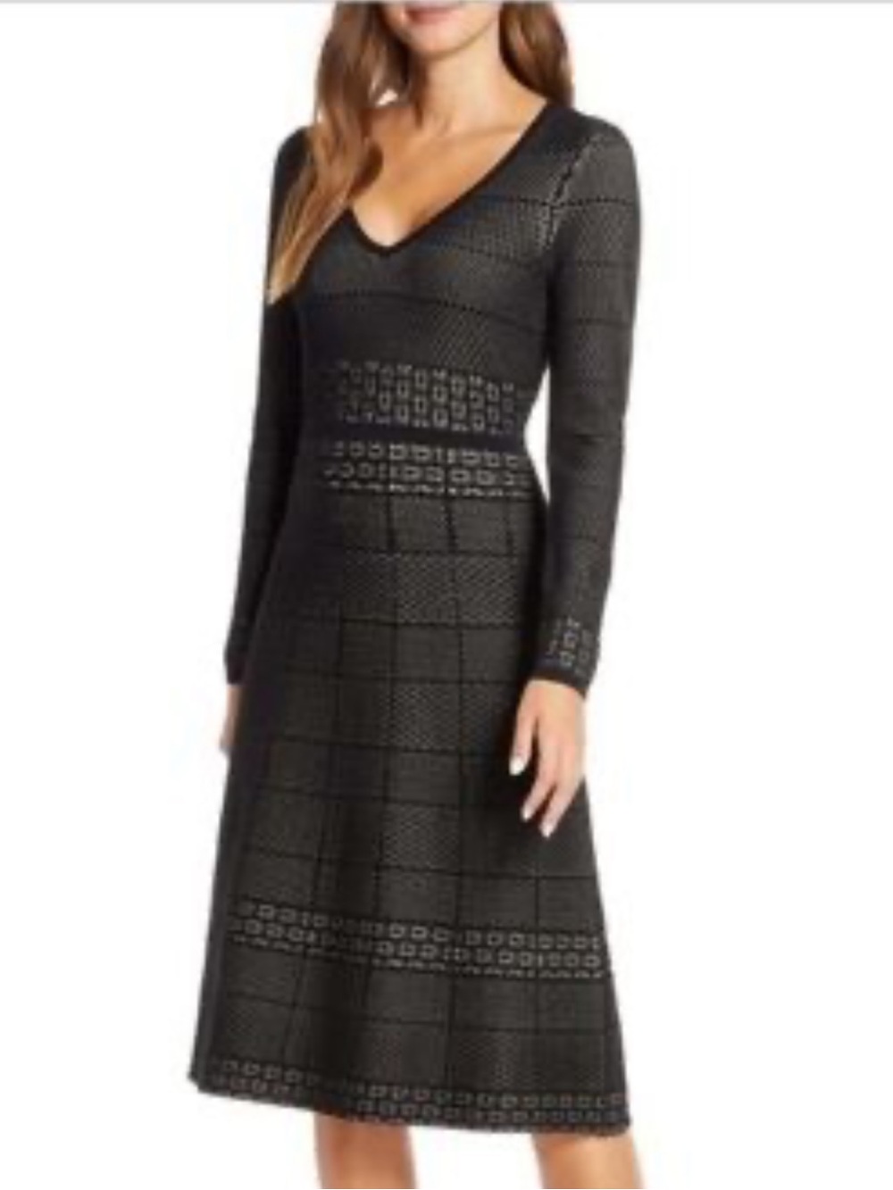 Gal Meets Glam Black V‑Neck Long Sleeve A‑Line Knit Dress